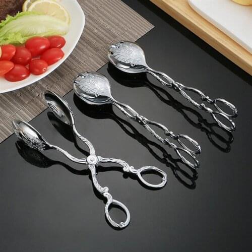 1pc Food Scissor Tong Kitchen Stainless Steel Sculptured Pattern Zinc Alloy Serving Tongs Bread Clip For Dessert Salad Biscuit