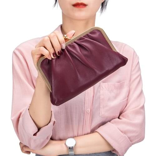 2021 Woman Fold Evening Bag Pure Color Super Soft Leather Chain Crossbody Bag Fashion Luxury Party Clutch
