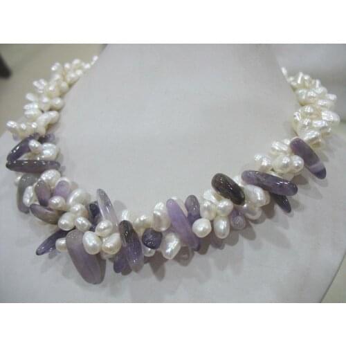 3rows Freshwater Pearl white baroque necklace Amethyst/Tourmaline/Aquamarine 18inch wholesale nature FPPJ gift