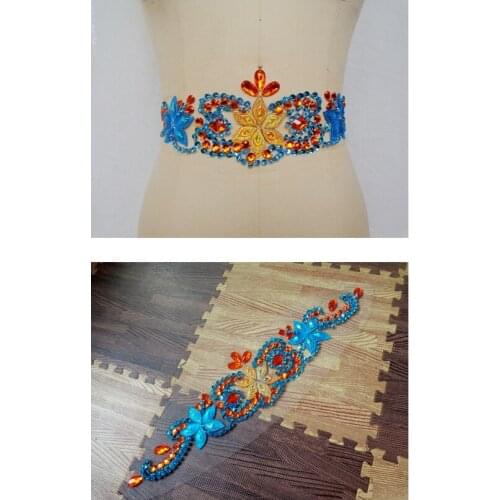 A151 Pure hand made dazzling orange/sky blue sew on Rhinestones applique crystals trim patches 40*9m dress accessory for belt