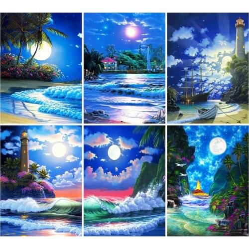 Landscape Diamond Painting Night View Full Square Round Rhinestones Diamond Embroidery Seaside Art Picture Moon Handicraft Gift