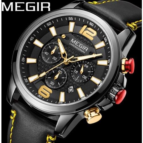 MEGIR Watch Men Waterproof Chronograph Military Classic Male Clock Top Brand Luxury Genuine Leather Sport Man Wristwatch 2156