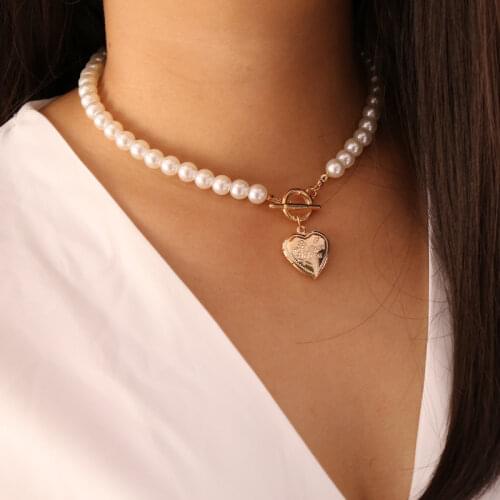 DoreenBeads Fashion Copper Pearl Necklace For Women Accessories Gold Color White Heart Elegant Jewelry 40cm long, 1 Piece