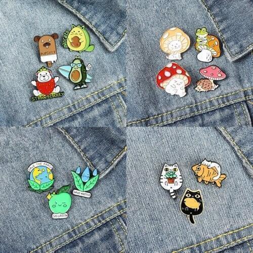 Green earth apple Enamel Brooch Mushroom Sprite Lovely animals Lapel Pin cat fish bear hedgehog frog Dog Cartoon pin badge