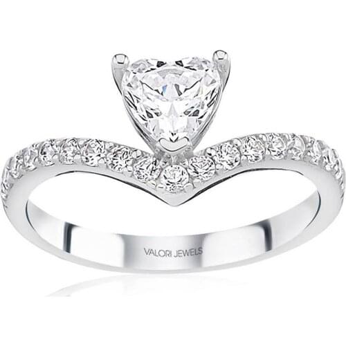 Valori Jewels 0.75 Carat, Zirconia White Round & Heart Gemstone, Rhodium Plated, Solitaire Ring
