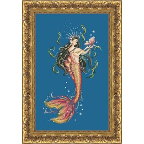 Pearl of the ocean cross stitch kit beads pattern design 18ct 14ct 11ct denim blue canvas embroidery DIY needlework