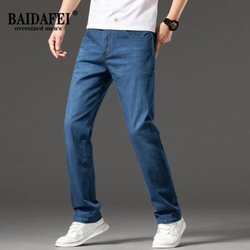 Oversized Jeans 42 44 46 Mens Loose Fit 5 Pocket Jean Pant 2021 Summer Thin Comfortable Light Blue Men Jeans