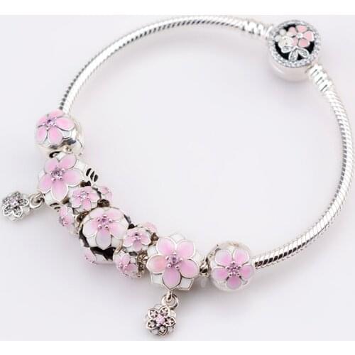 NEW NEW Genuine 100% 925 Sterling Silver Bracelet Set For Europe Women Spring Pink Flowers DIY Gift Original Charm Jewelry