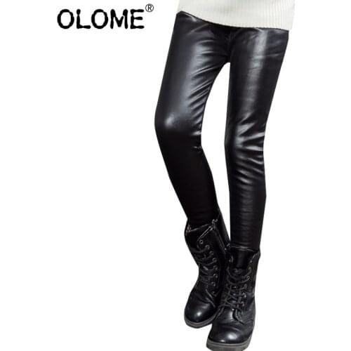 OLOME Autumn Girls Leggings PU Tight Kids Pants Fashion Children Trousers Artificial Leather Baby Leggings 2-12 Years Clothing