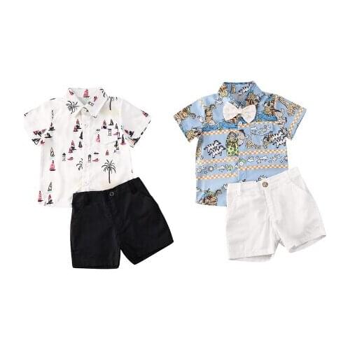 1-6Y Summer Toddler Baby Boys Clothes Sets Cartoon Animal Floral Print Bow Shirts Tops+Shorts Gentleman Outfits