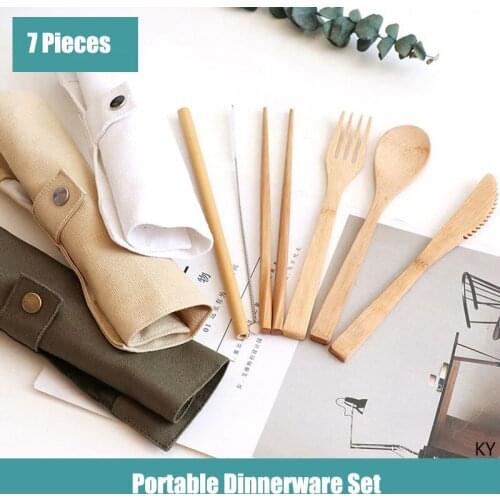 Outdoor Travel Portable Dinnerware Set Knife Fork Spoon Chopsticks Cleaning Brush Zero Waste Bamboo Biodegradable Tableware Set