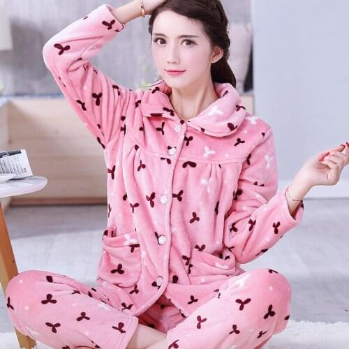 H5741 Coral Fleece Pajamas Lady Winter Korean Cartoon Long Sleeve Nightwear Home Clothing Suit Women Flannel Cardigan Sleepwear