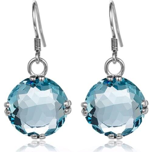 Redwood Sky Blue Aquamarine Dangle Earrings Women 925 Sterling Silver Earring Round Gemstone Crystal Boucle Doreille Jewellry