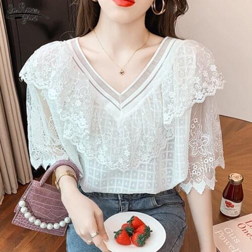 Short Sleeve Ruffle Stitching Chiffon Shirt Summer New Lace Blouse Women V-neck Slim Sweet Solid Korean Chic Tassel Tops 15473