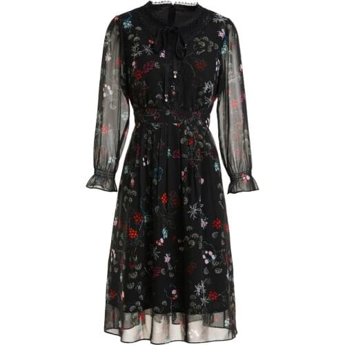 Gowani Women Dress Fashion Vintage Floral Printed Lace Embellished Bow Tie Sheer Sleeve Ruffle Cuff A-line Dress High Quality