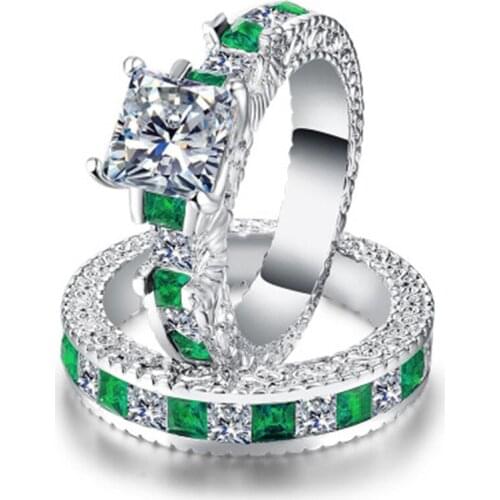 2 Pcs/set Milangirl Double Green Blue Square CZ Ring Set for Women Wedding Party Rings Jewelry Famale Accessories