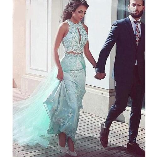 2020 New Arrival Two Pieces Lace Tulle Long Prom Dress A Line Lace Halter Neck Evening Dress