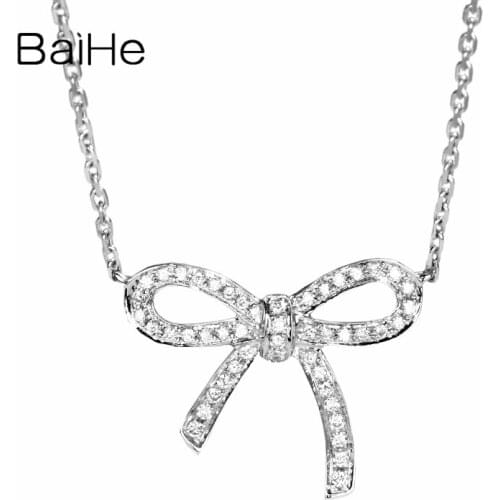BAIHE Solid 18K White Gold 0.11ct H/SI Natural Diamonds Women Trendy Engagement Fine Jewelry Beautiful bow diamond Necklaces