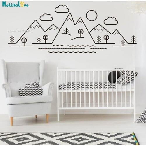 Baby Mountain Wall Decals Nursery Home Decor Sunset Kid Boy Sticker Snow Woodland Themed Sun Murals Removable YT5314