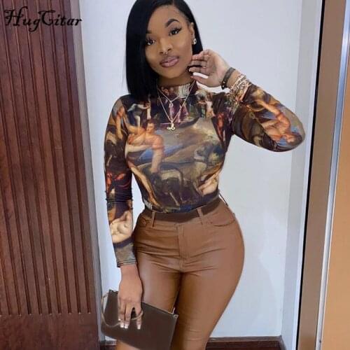 Hugictar Vintage Print Long Sleeve Sexy Bodycon Bodysuit Autumn Winter Women Fashion Streetwear Outfits Romper Club Body