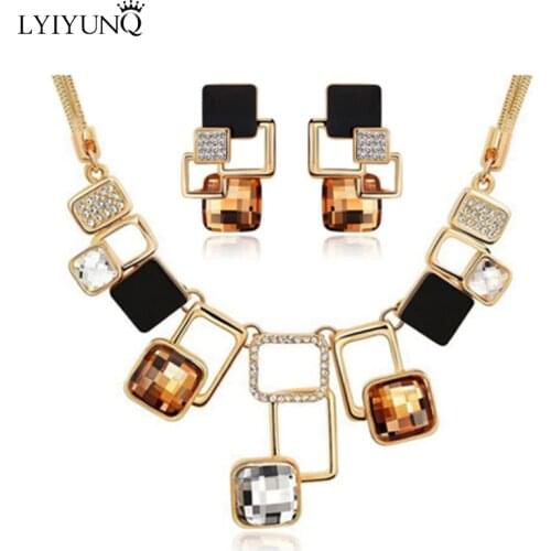 Luxury Austrian Crystals Square Jewelry Sets Geometric Earrings Square Pendant Snake Chain Necklace Jewelry Women Parure Bijoux