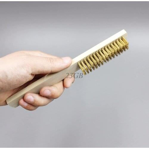 Copper Wire Brass Briste Wood Handle Wire Scratch Brush 208mm For Metal Cleaning M14