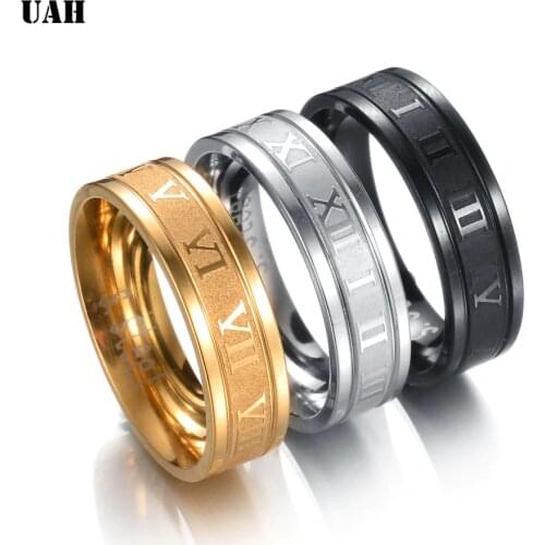 UAH 6 mm 316L Stainless Steel Wedding Band Ring Roman Numerals Gold Black Cool Punk Rings for Men Women Fashion Jewelry