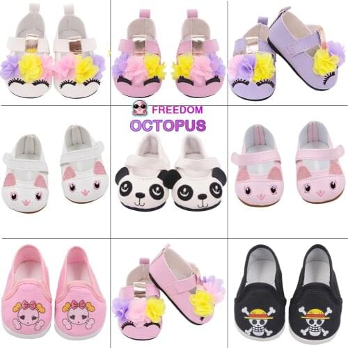 2020 New Lovely PU Leather Canvas Shoes For 43 cm New Born Baby Doll Flower Cartoon Accessories Shoes Fit 17 Inches Dolls Gift
