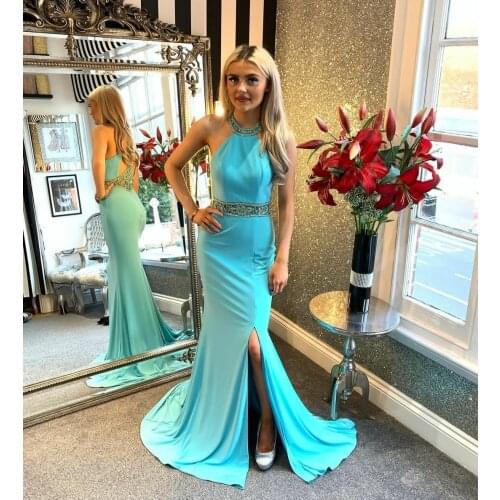 Sexy Long Beaded Mermaid Halter Prom Dresses with Slit Custom Made Criss-cross Back Evening Gowns Party Dress for Women