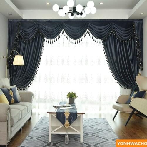 Custom curtains high grade American modern Iron gray blue thick Italian velvet cloth blackout curtain tulle valance drapes N937