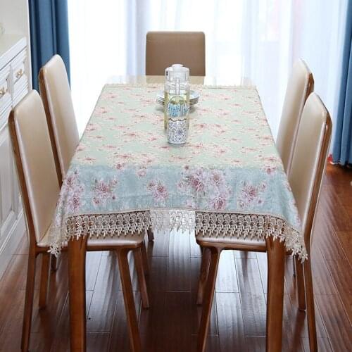 Luxury Light Blue Jacquard Rectangle Table Cloth Lace Hollow Floral Handmade Hem Table Cover Kitchen Outdoor Banquet Tablecloth