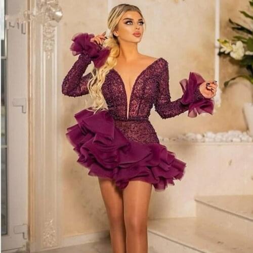 Luxury Burgundy Pearls Cocktail Dresses with Ruffles Mini Skirt Short Prom Gowns Long Sleeves Special Occasion Dress