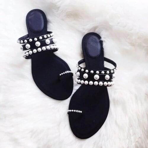 Kmeioo summer outside shoes woman open toe pearl slides slip-on slippers casual flat sandals soild flats leisure for women