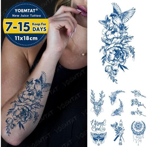 Juice Lasting Ink Tattoos Body Art Waterproof Temporary Tattoo Sticker Flower Bird Tatoo Arm Fake Deer Whale Tatto Women Men