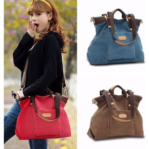 Vintage Solid Handbag Women Casual Canvas Shoulder Bag Tote Student Shopping Crossbody Satchel