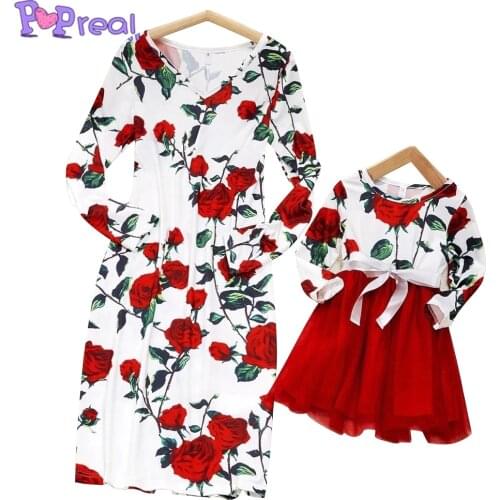 PopReal Spring Autum Fashion Mom And Daughter Skirt Parent-Child Outfit Mesh Stitching Dress Family Matching Outfits Flowers