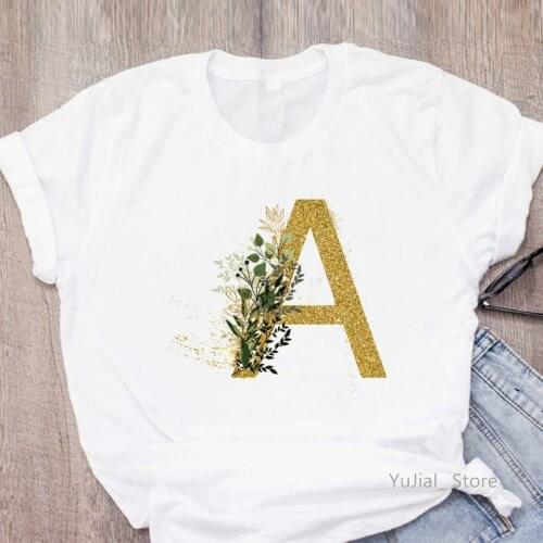 Alphabet Golden A Letter Print Tshirt Women Flowers T Shirt Femme Korean Style Clothes Harajuku Shirt Short Sleeve T-Shirt