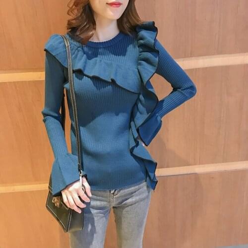 Sweet temperament two-color ruffled long-sleeved shirt autumn and winter new asymmetric ruffled bell sleeve sweater women