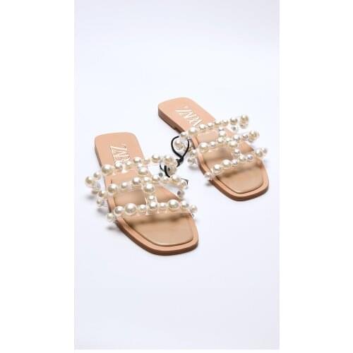2021 European and American Summer New Womens Shoes White Beaded Inlaid and Square Head With Flat Bottom Large Size Slippers