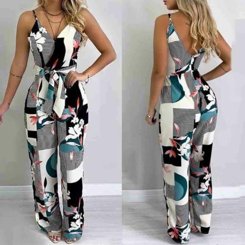 2019 Women Boho Floral Printed Spaghetti Strap V-neck Clubwear Playsuit Bodycon Party Trousers Jumpsuit New