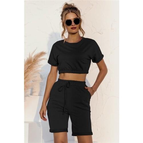 Womens Casual Short Sleeve T Shirt + Drawstring Short Pants Suits Ladies Summer Streetwear Sportwear Two Pieces Clothing Set