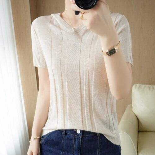 Zocept Summer Womens Sweater Short Sleeve Hooded Collar Solid Color Striped Top T Shirts Ladies Wool Blend Knitted Pullovers