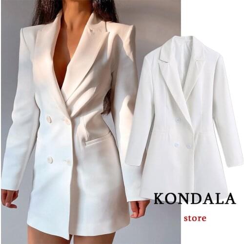 KONDALA Za 2021 Office Lady Chic White Backless Sexy Mini Blazer Dress Women Long Sleeve V Neck Double Breasted Dress Autumn
