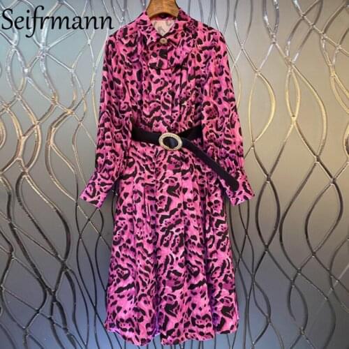 Seifrmann New 2021 Autumn Women Fashion Fashion Runway Party Midi Dress Lantern Sleeve Sashes Leopard Printed Ladies Dresses