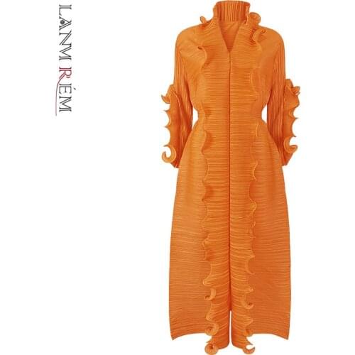 LANMREM Long Sleeve Ruffle Pleated Dress For Women 2021 Autumn And Summer V Neck Female Fashion Tide Dresses 2D1647