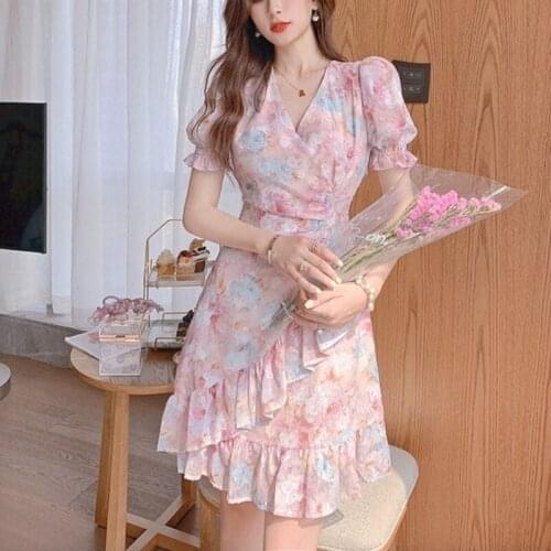 Pink Elegant Floral Dresses Women Vintage Kawaii V-Neck Sexy Mini Sweet Dresses Designer Slim Pretty Party Dresses Summer