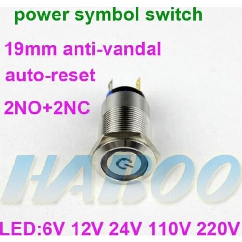 1pcs sale auto-reset function 19mm power symbol head with led beautiful waterproof switch stainless steal shipping free