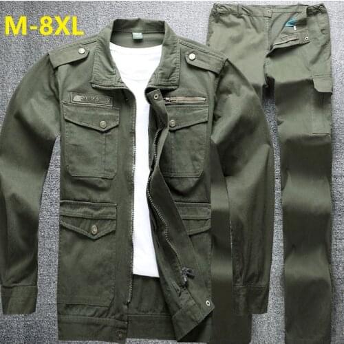 100% Cotton Military Shirt Pants Men Long Sleeve Casual Dress Shirt Male Cargo Work Shirts Working Welding Suit Oversized M-8XL