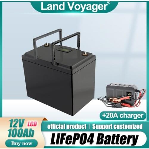 Land Voyager 12V 100AH lifepo4 battery with 100A BMS 12.8V backup power inverter For RV Campers Solar Golf Carts Marine 14.6V10A