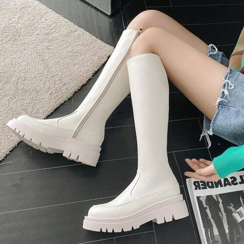 Brand women Boots Faxu Leather Square Low Heel Knee High Boots Zipper Platform Long Boots Autumn Winter Fashion Ladies Shoes